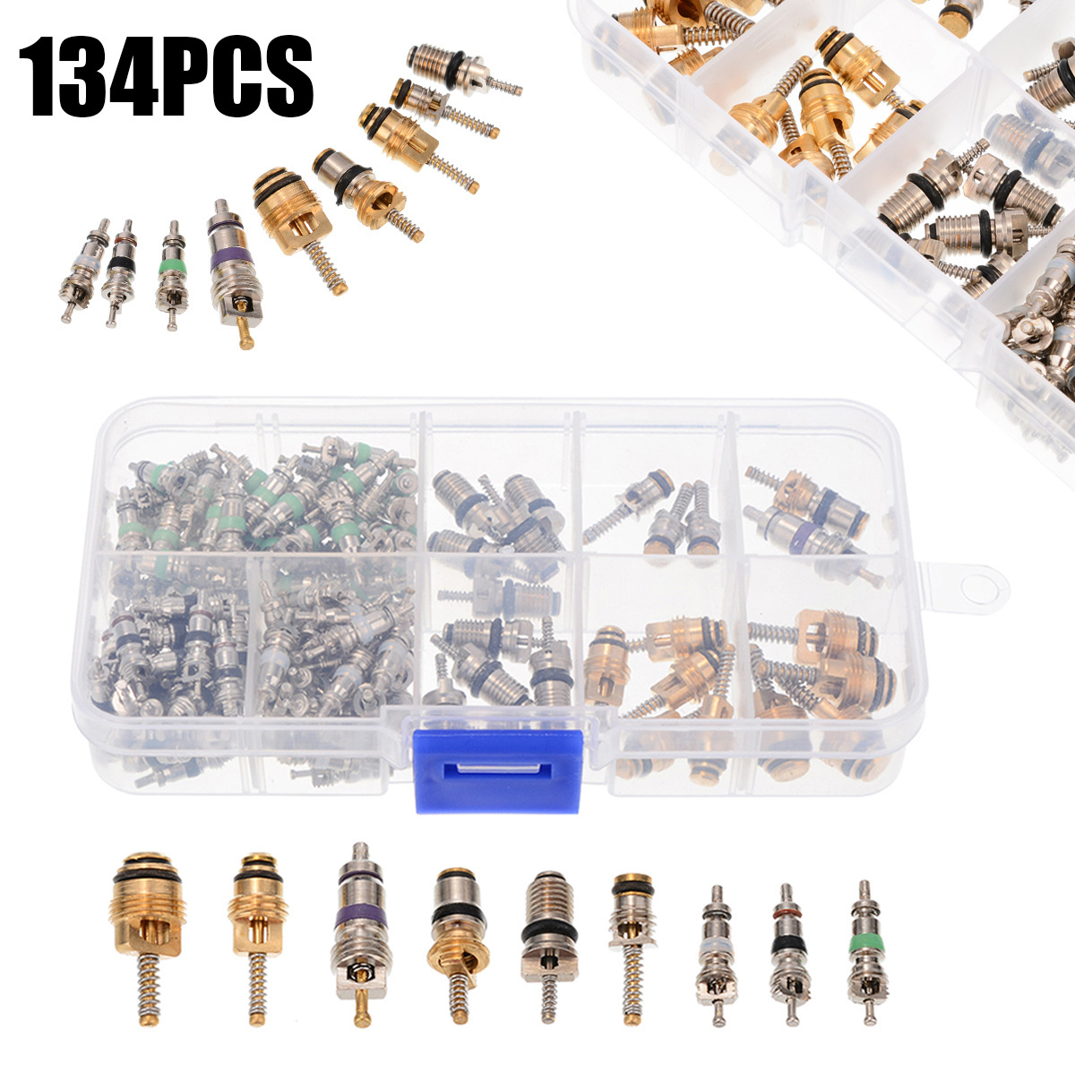 134pcs AC A/C Valve Core Assortment Kit For R12 R134A Air Conditioning