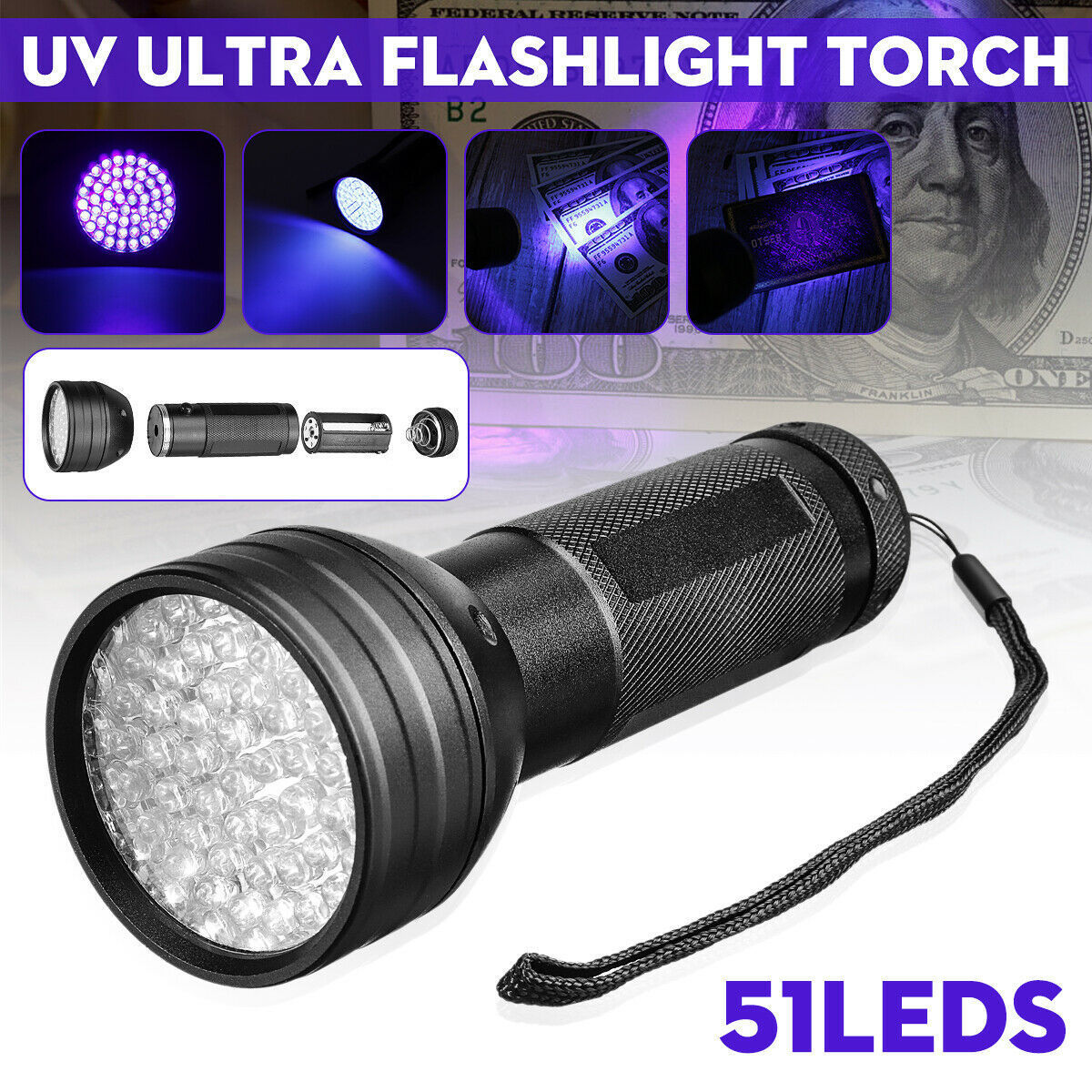 S0066 Purple Light Pet Urine 51 Led UV Detector Flash Light 395nm Led UV Ultraviolet Blacklight Flashlight