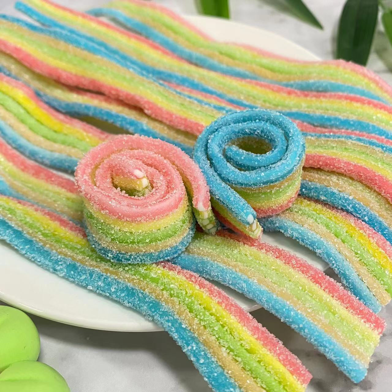 Halal Fruit Flavor Sour Belts Strips Rainbow Belt Gummy Candy