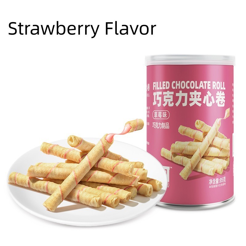 Exotic snacks Wafer roll biscuits wholesale strawberry vanilla hazelnut rolls chocolate wafer rolls 85g