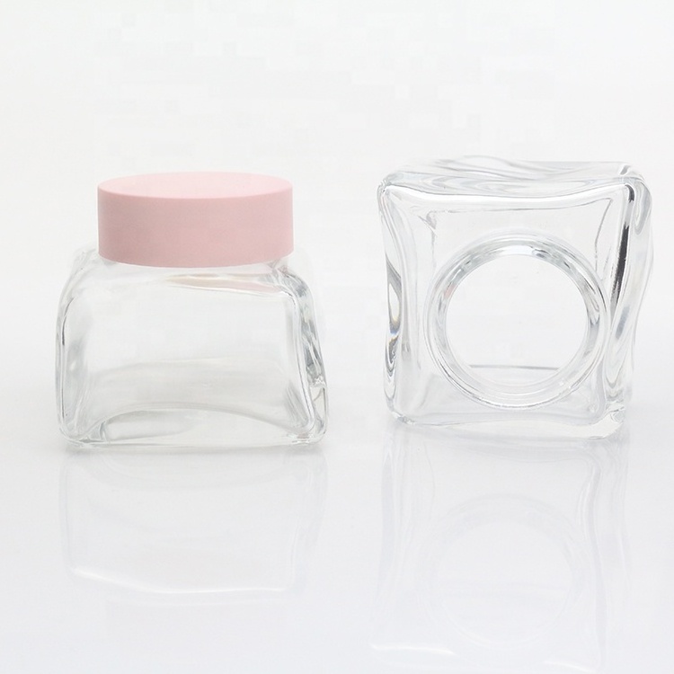 Empty square clear facial body pink glass cream jar 50ml cosmetic luxury skincare packaging face cream container