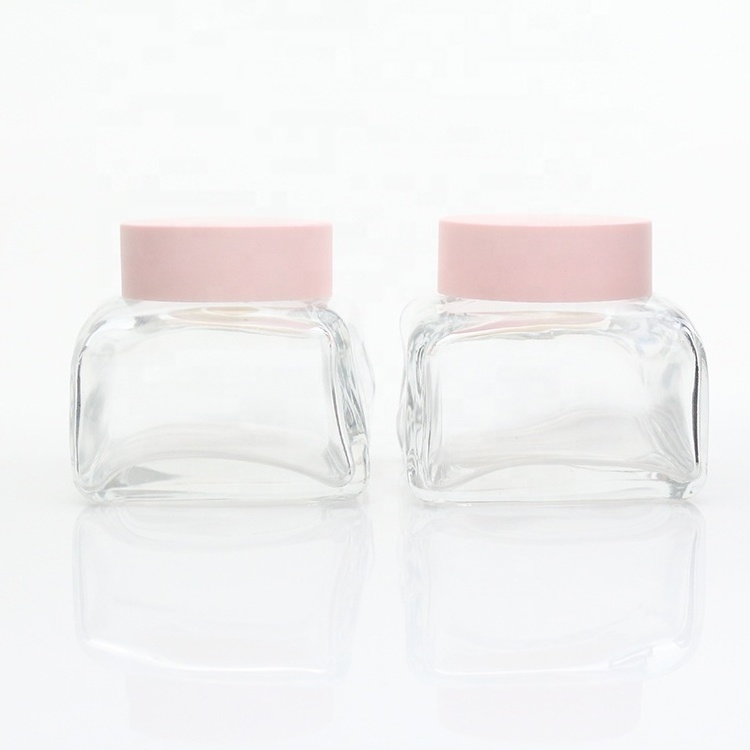 Empty square clear facial body pink glass cream jar 50ml cosmetic luxury skincare packaging face cream container