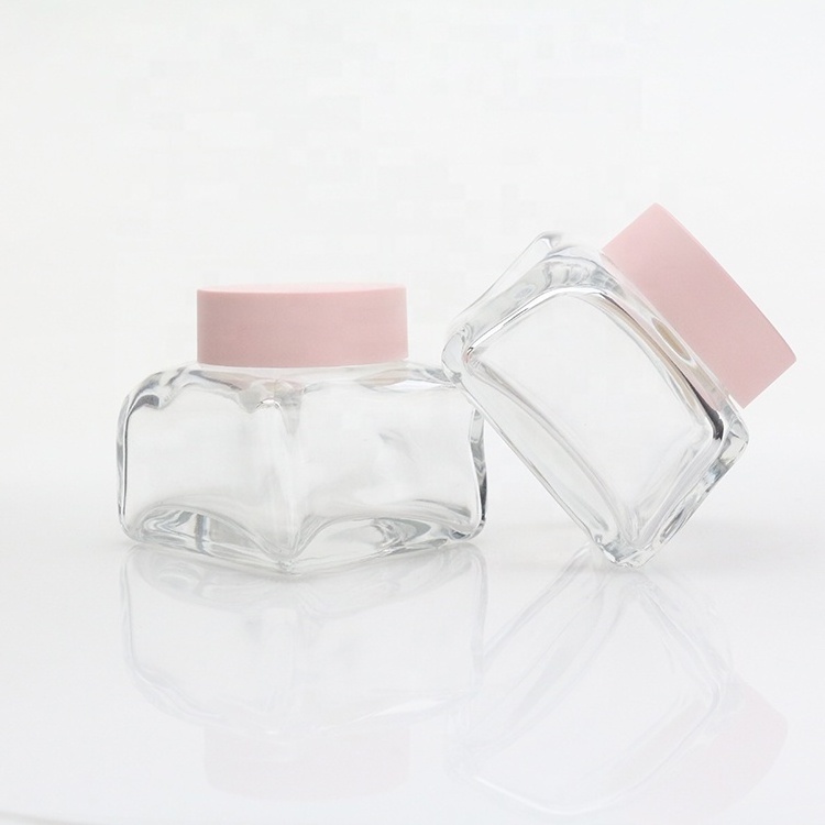 Empty square clear facial body pink glass cream jar 50ml cosmetic luxury skincare packaging face cream container