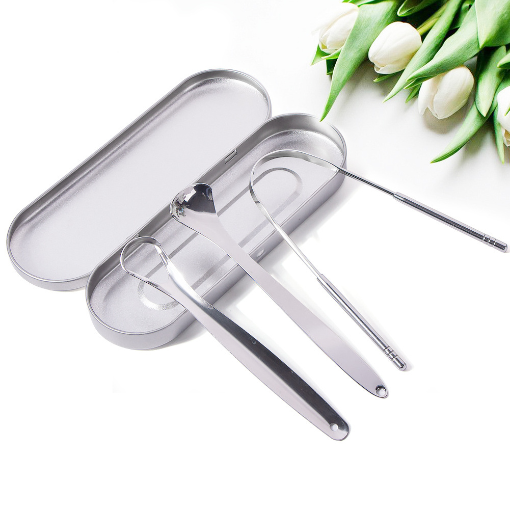 Wholesale Tongue Cleaner 3pc Set Reduce Bad Breath Tongue Spatula Reusable Stainless Steel Tongue Scraper