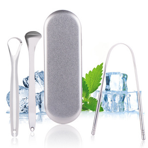 Wholesale Tongue Cleaner 3pc Set Reduce Bad Breath Tongue Spatula Reusable Stainless Steel Tongue Scraper