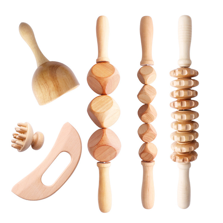 Natural Wood Anti Cellulite Massage Set Wooden Body Therapy Massage Tools Set Lymphatic Drainage Tool