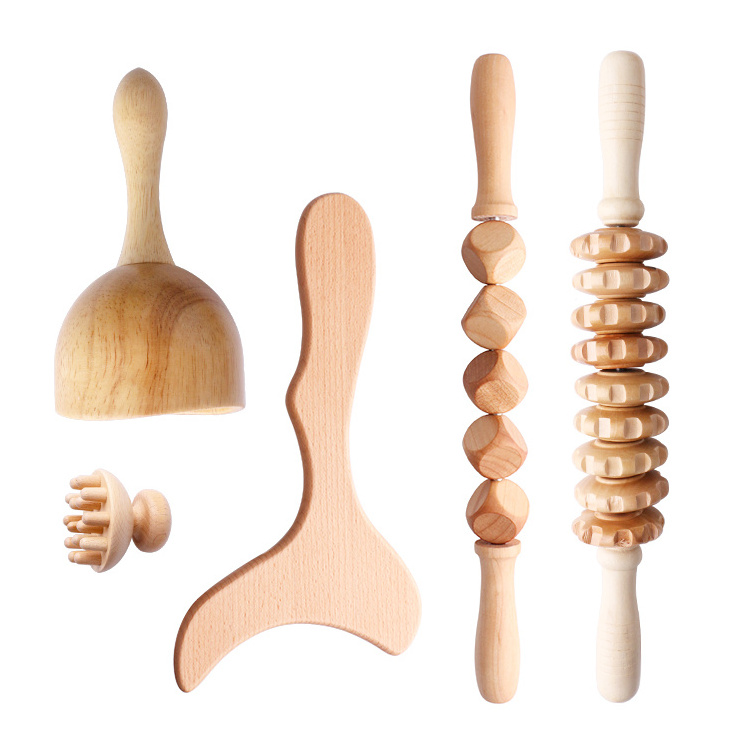 Natural Wood Anti Cellulite Massage Set Wooden Body Therapy Massage Tools Set Lymphatic Drainage Tool