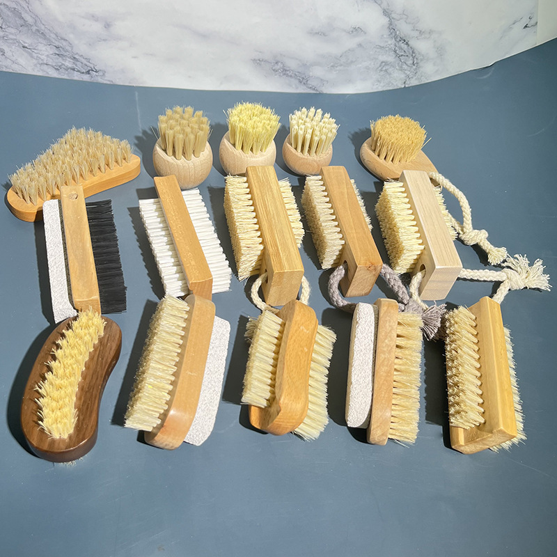 Custom Logo Portable Wooden Beech Bamboo Bristle Hair Double Side Scrubbing Cleaner Moon Shape Dust Brush Nail Cleaning Brush