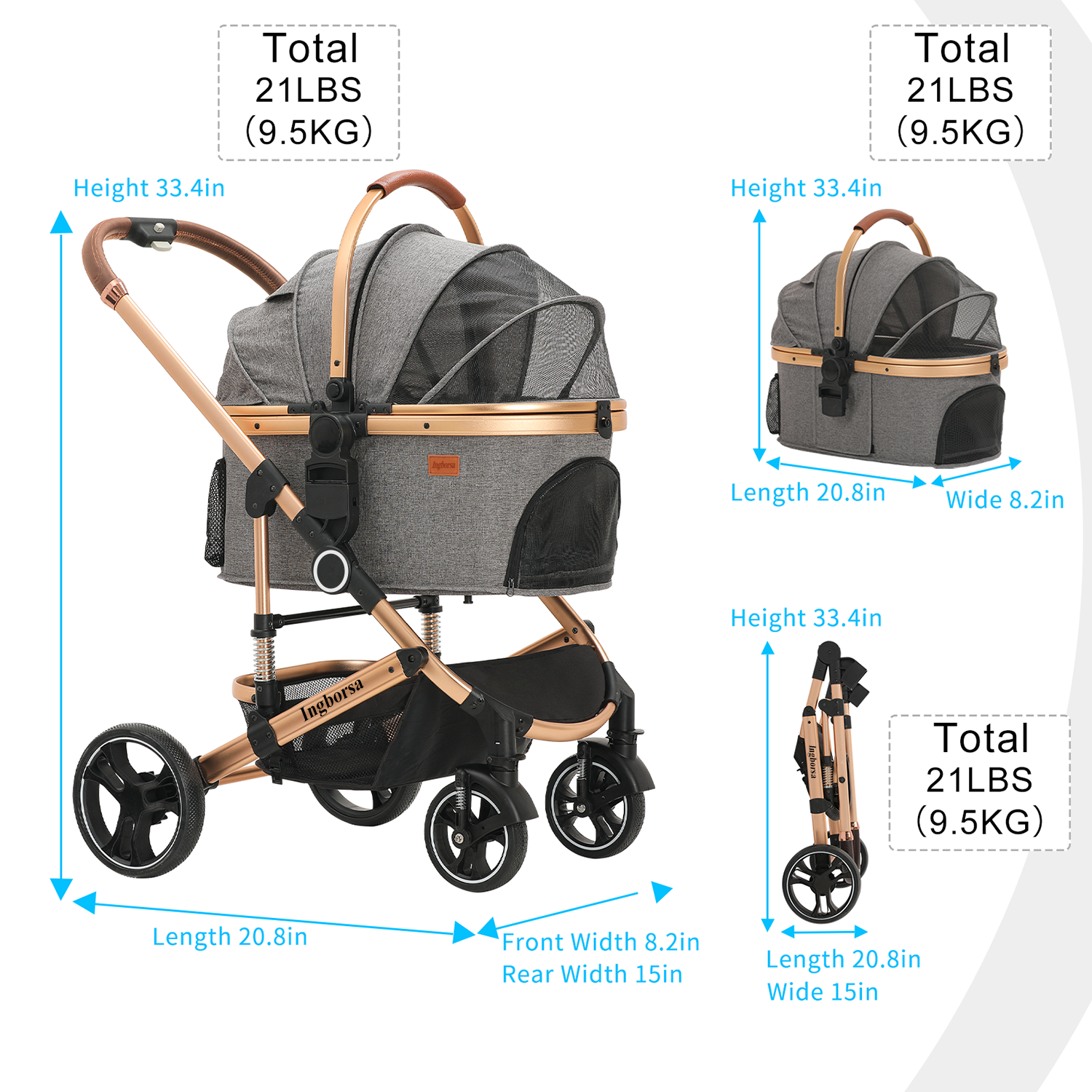 Professional factory wholesale strong large multiple foldable luxury dog and cat pram twin 3 in 1 pet stroller 4 wheels