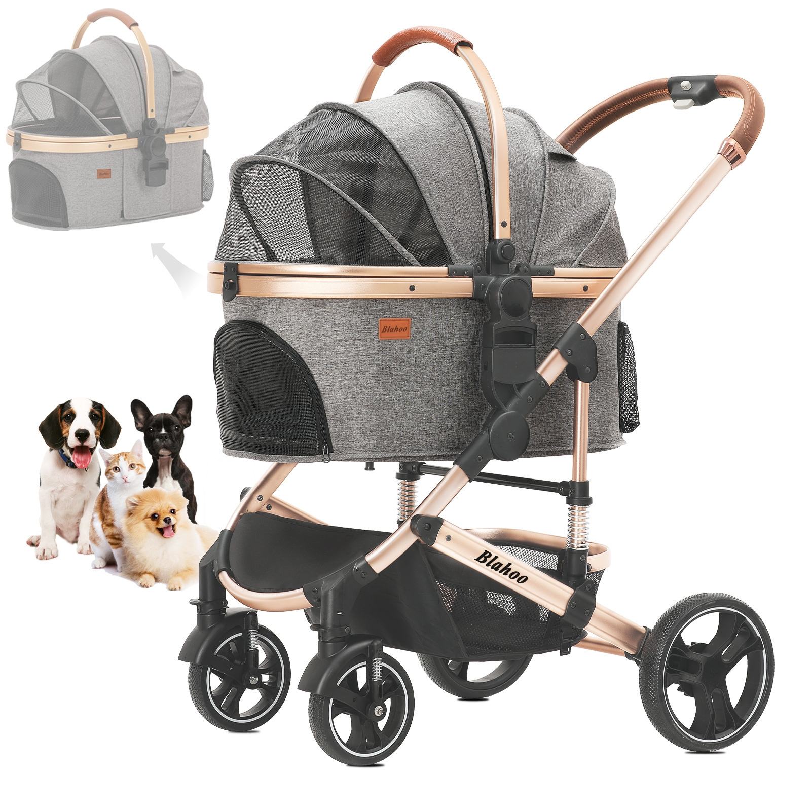 Pet Stroller Travel System 4 Wheels Aluminum Alloy 3-in-1 Foldable Pet Stroller Detachable Carrier, Car Seat and Stroller P5 X6