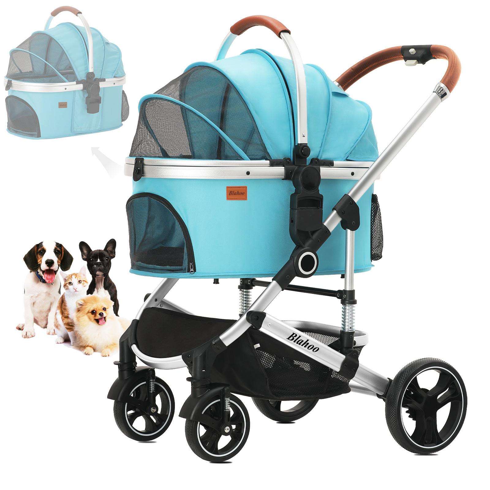 Pet Stroller Travel System 4 Wheels Aluminum Alloy 3-in-1 Foldable Pet Stroller Detachable Carrier, Car Seat and Stroller P5 X6