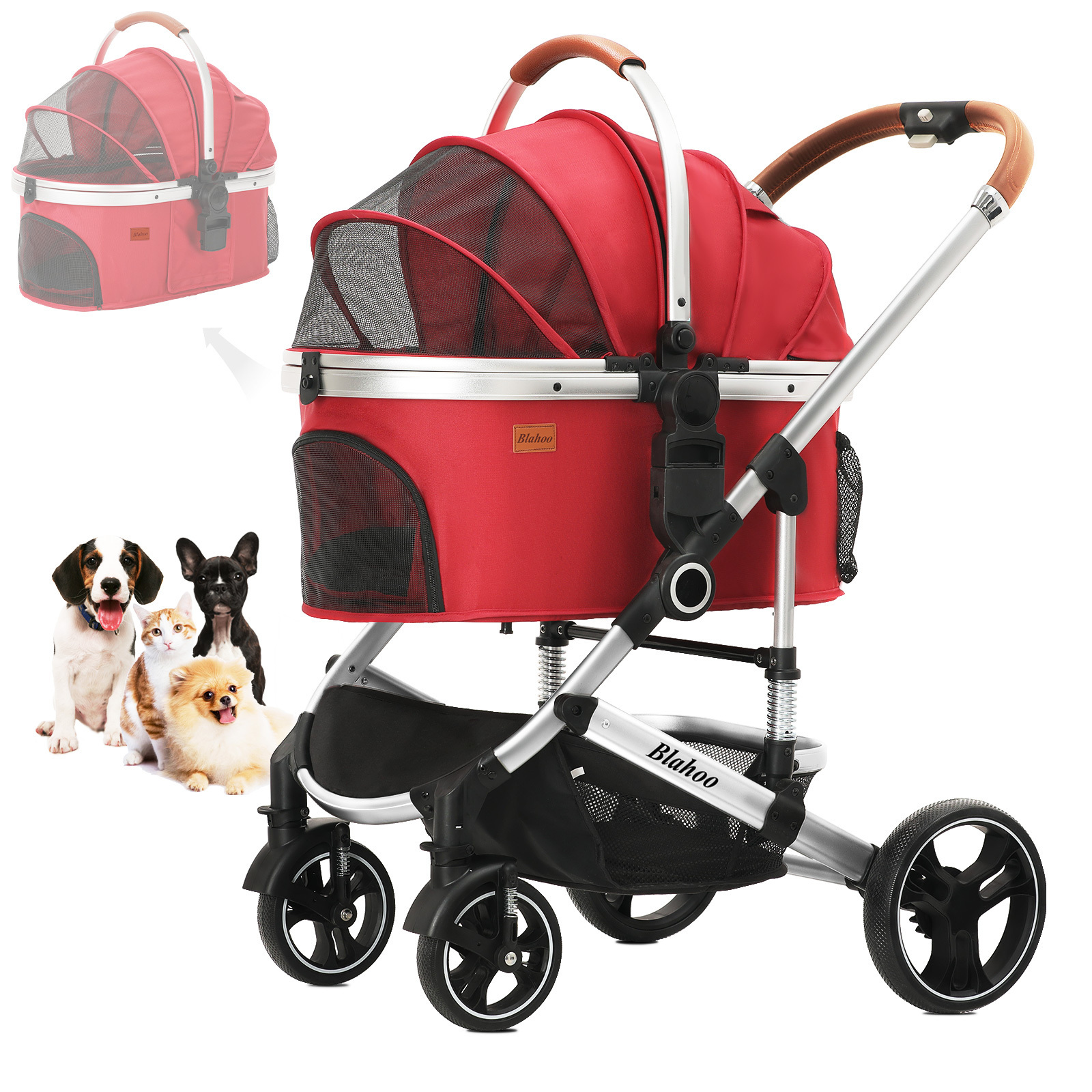 Pet Stroller Travel System 4 Wheels Aluminum Alloy 3-in-1 Foldable Pet Stroller Detachable Carrier, Car Seat and Stroller P5 X6