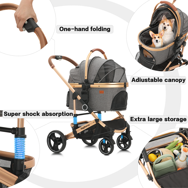 Removable Rolling 4 Wheels Dog Stroller Cat Pet Travel Carrier with PU Wheels