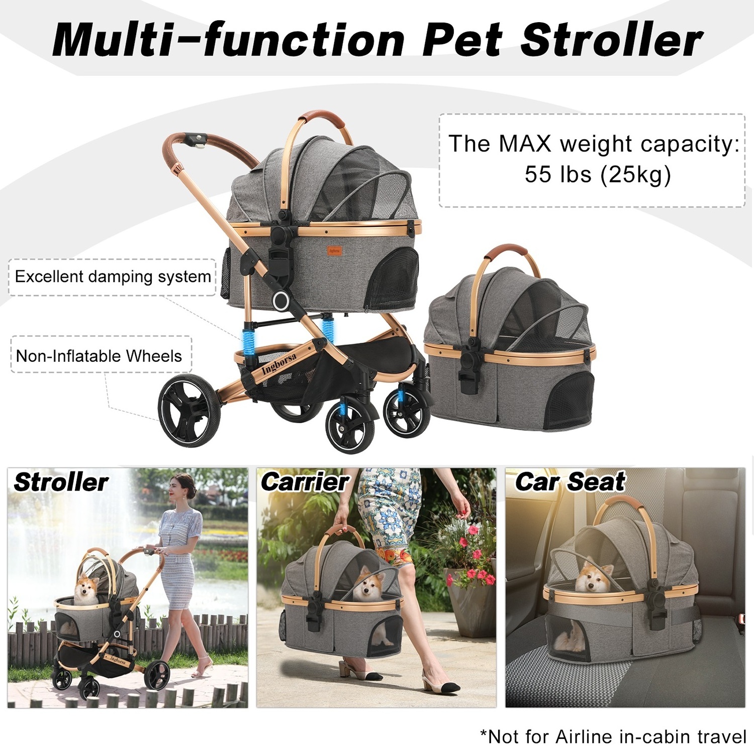 Removable Rolling 4 Wheels Dog Stroller Cat Pet Travel Carrier with PU Wheels