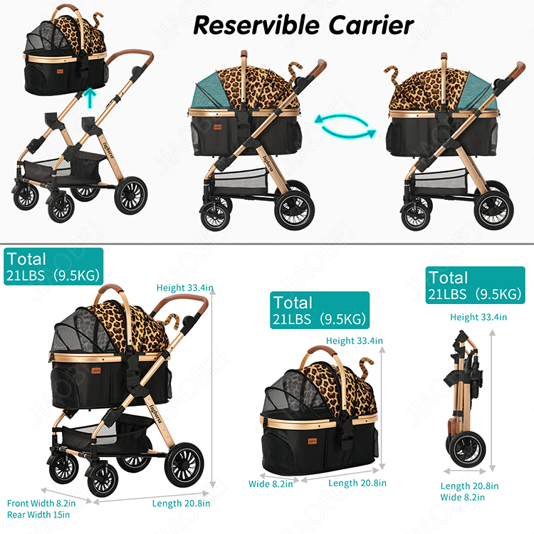 4 Wheels Foldable Dog Stroller Cat Cart Carrier Detachable Pet Stroller With Removable Handcarry Bag For Travelling