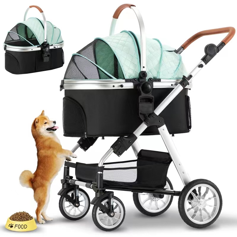 4 Wheels Foldable Dog Stroller Cat Cart Carrier Detachable Pet Stroller With Removable Handcarry Bag For Travelling