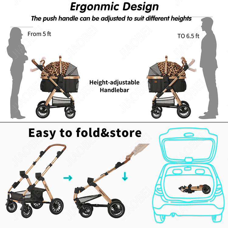 4 Wheels Foldable Dog Stroller Cat Cart Carrier Detachable Pet Stroller With Removable Handcarry Bag For Travelling