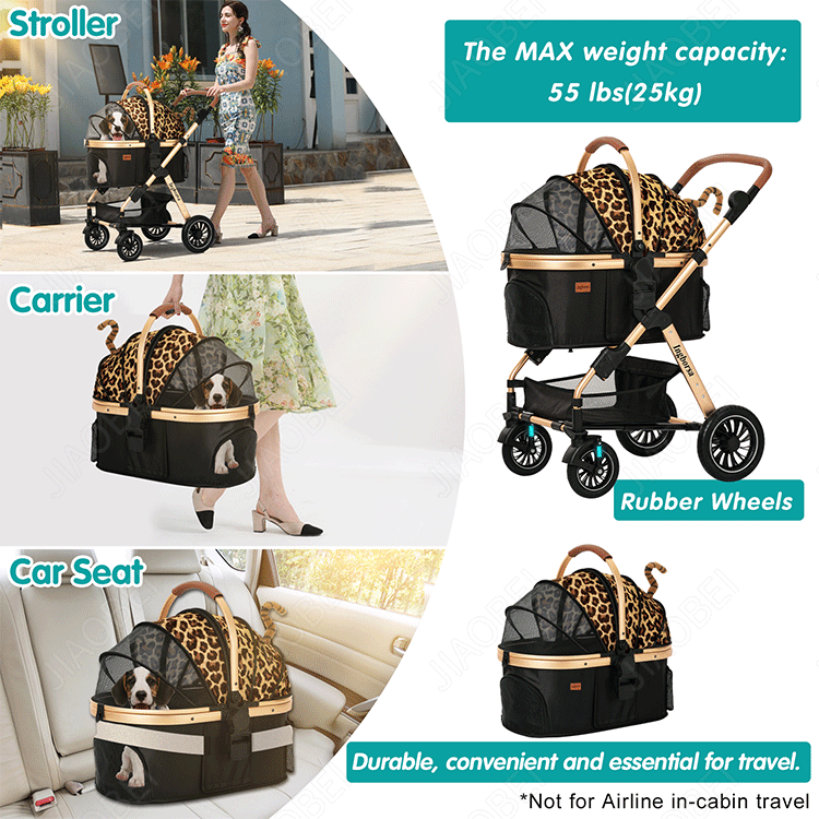 4 Wheels Foldable Dog Stroller Cat Cart Carrier Detachable Pet Stroller With Removable Handcarry Bag For Travelling