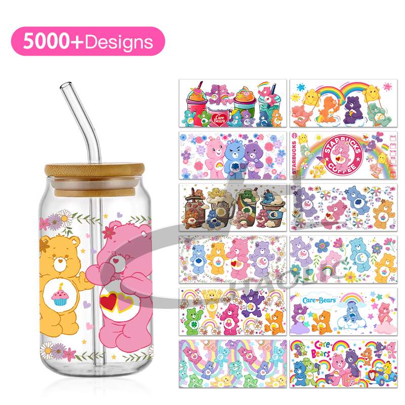 Diy Cups Care free Colourful Bears UV DTF Transfers For Cups Wraps Waterproof Sticker For Glass UV DTF 16 oz Cup Wrap Transfers