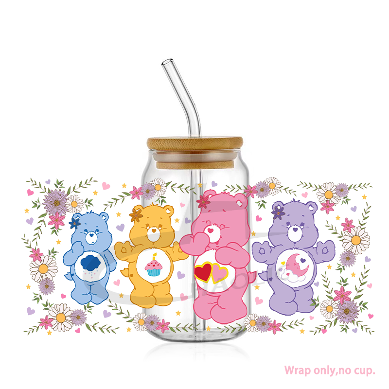 Diy Cups Care free Colourful Bears UV DTF Transfers For Cups Wraps Waterproof Sticker For Glass UV DTF 16 oz Cup Wrap Transfers