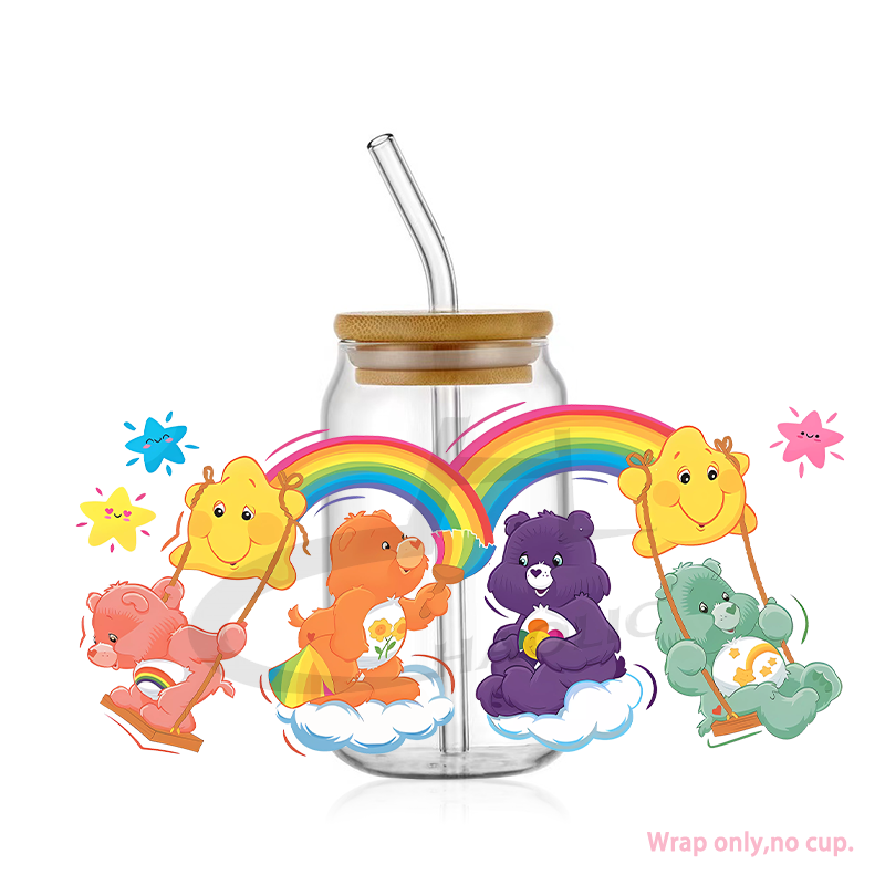 Diy Cups Care free Colourful Bears UV DTF Transfers For Cups Wraps Waterproof Sticker For Glass UV DTF 16 oz Cup Wrap Transfers