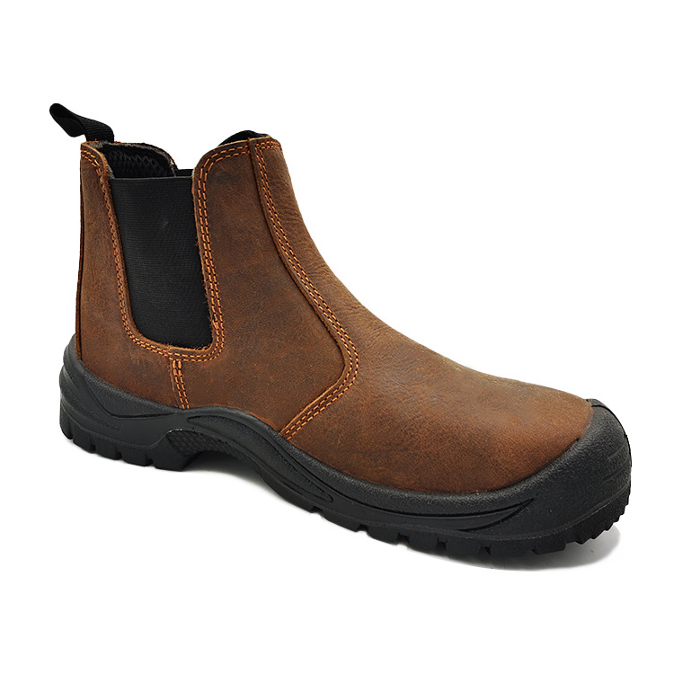 Crazy Horse Leather Oil Resistant Steel Toe Work Safety Shoes No Laces High Cut Men Chelsea Boots