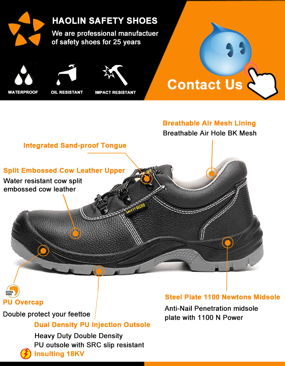 Genuine Leather Waterproof S3 Work Shoes CE Approved Steel Toe Industrial Construction Safety Shoes for Men