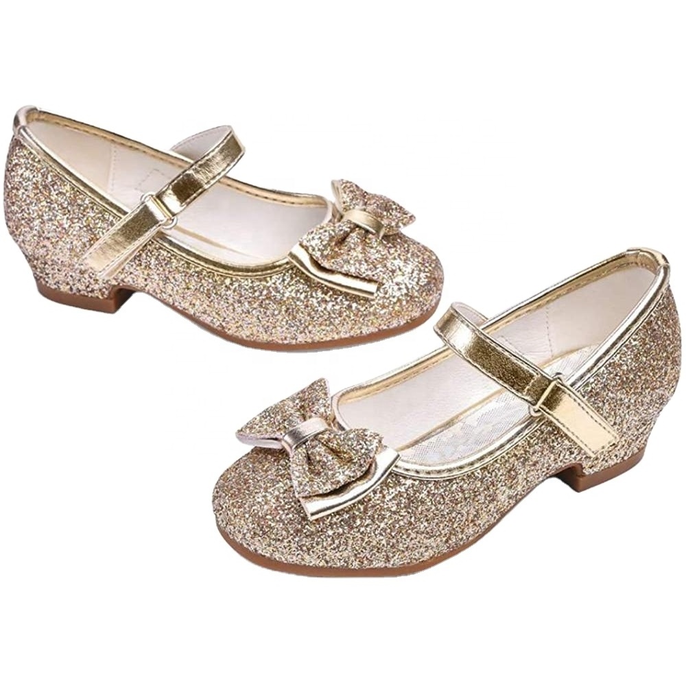 Princess Kids Leather Shoes For Girls Flower Casual Glitter Children High Heel Girls Shoes Butterfly Knot Red Gold Silver