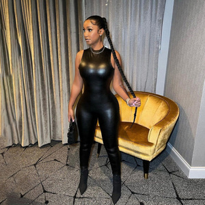 sexy streetwear Ladies jumpsuits Bright black Serpentine sleeveless pu leather jumpsuit stretch bodycon jumpsuit