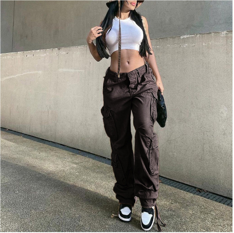 fashion Vintage Pockets High Waist Streetwear loose Casual ladies Long parachute Cargo Pant for women Trousers