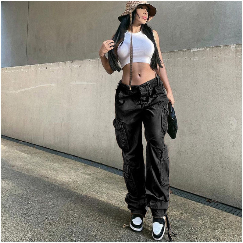 fashion Vintage Pockets High Waist Streetwear loose Casual ladies Long parachute Cargo Pant for women Trousers