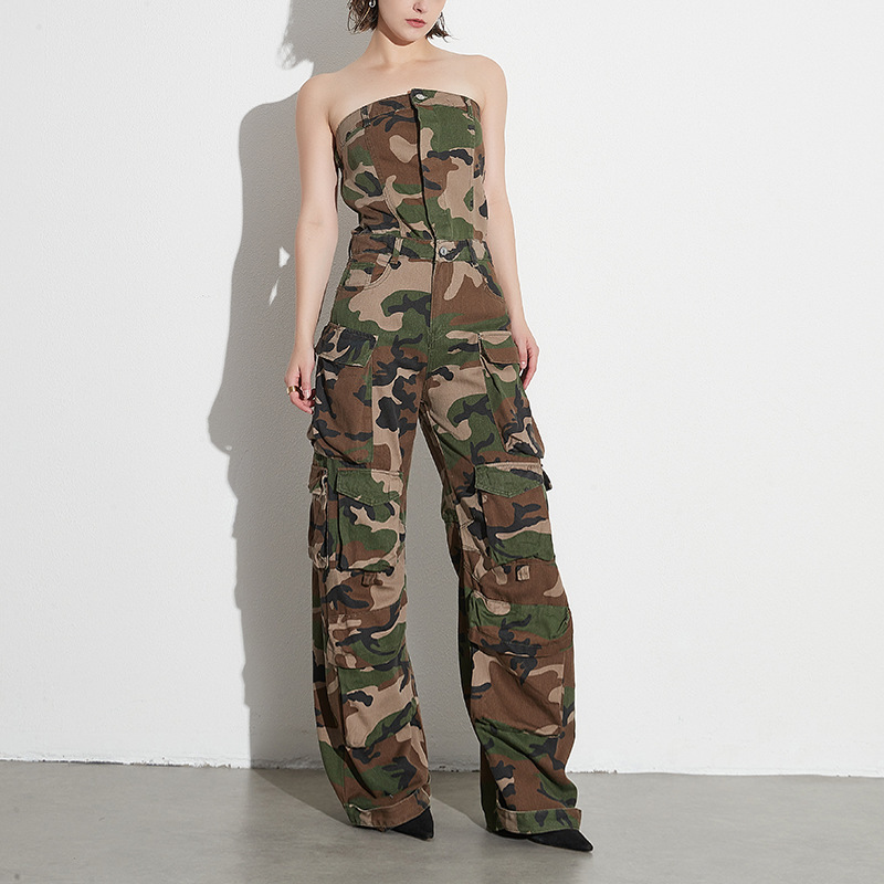 Trendy Pattern Camo Jeans Women Camouflage Jumpsuits Pants Denim Cargo Jumpsuit off shoulder loose jumpsuit