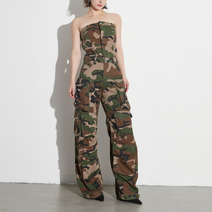 Trendy Pattern Camo Jeans Women Camouflage Jumpsuits Pants Denim Cargo Jumpsuit off shoulder loose jumpsuit