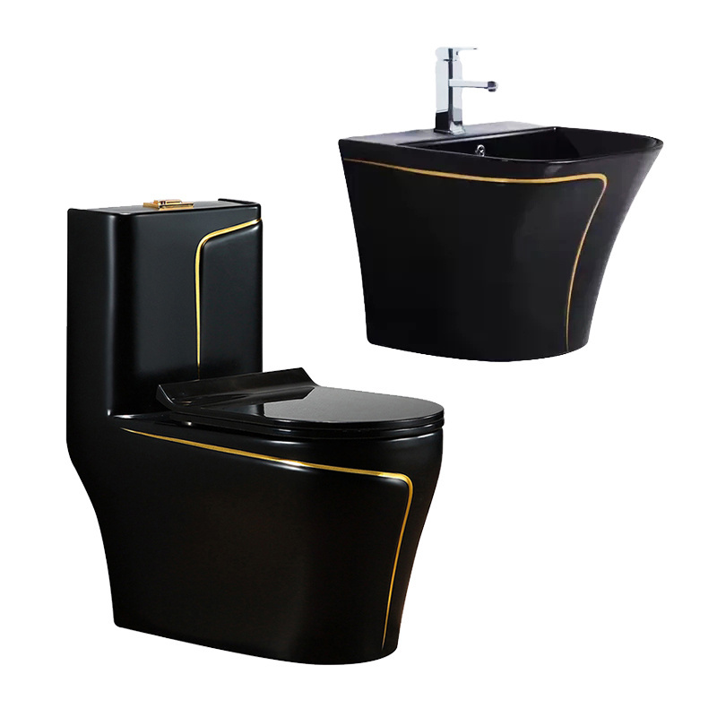 Modern bathroom sanitary ware one piece rimless flushing s-trap wc toilet and basin sink ceramic black gold toilet bowl set