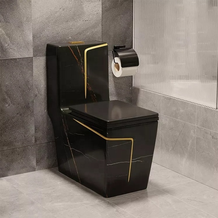 Marble design luxury square colored modern bathroom water closet commode toilet bowl one piece ceramic toilet with gold line