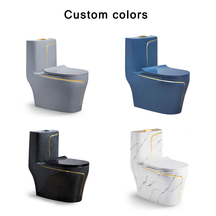 Modern bathroom sanitary ware one piece rimless flushing s-trap wc toilet and basin sink ceramic black gold toilet bowl set