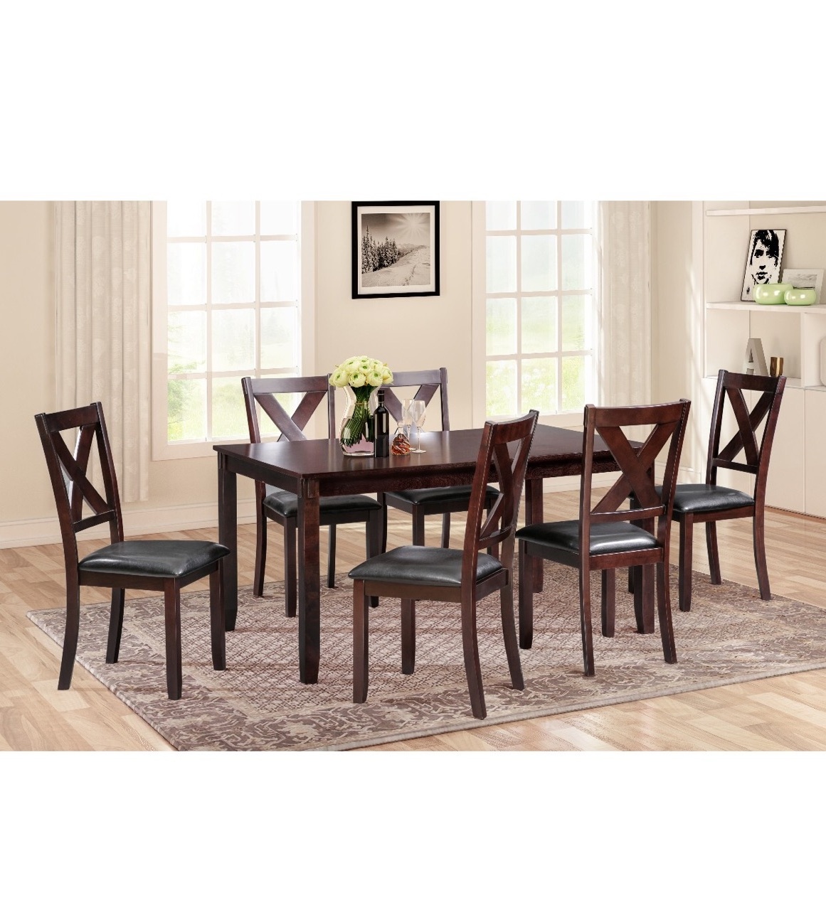 Solid wood rectangular dining table for home modern small square table and restaurant practical dining table chairs 7-piece set