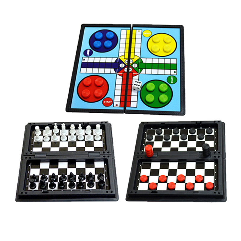 3-in-1 Mini Magnetic Folding Chess Checker and Backgammon Set Plastic Pieces