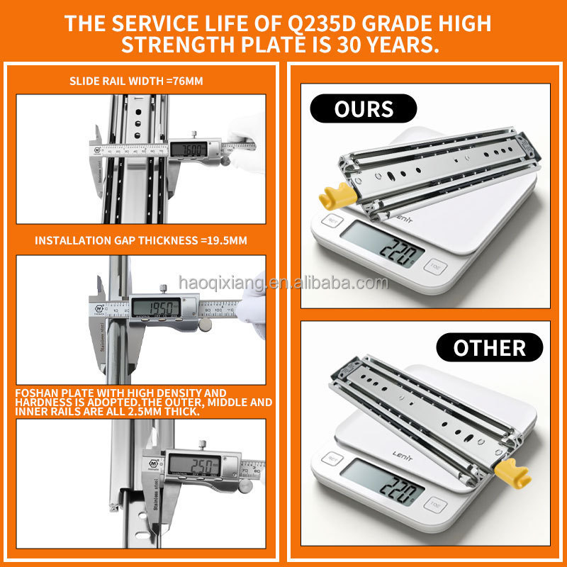 YABELY 220KG loading 76MM Depth Full Extension Heavy Duty Telescopic Drawer Slides Rails Ball Bearing Locking Slide rails