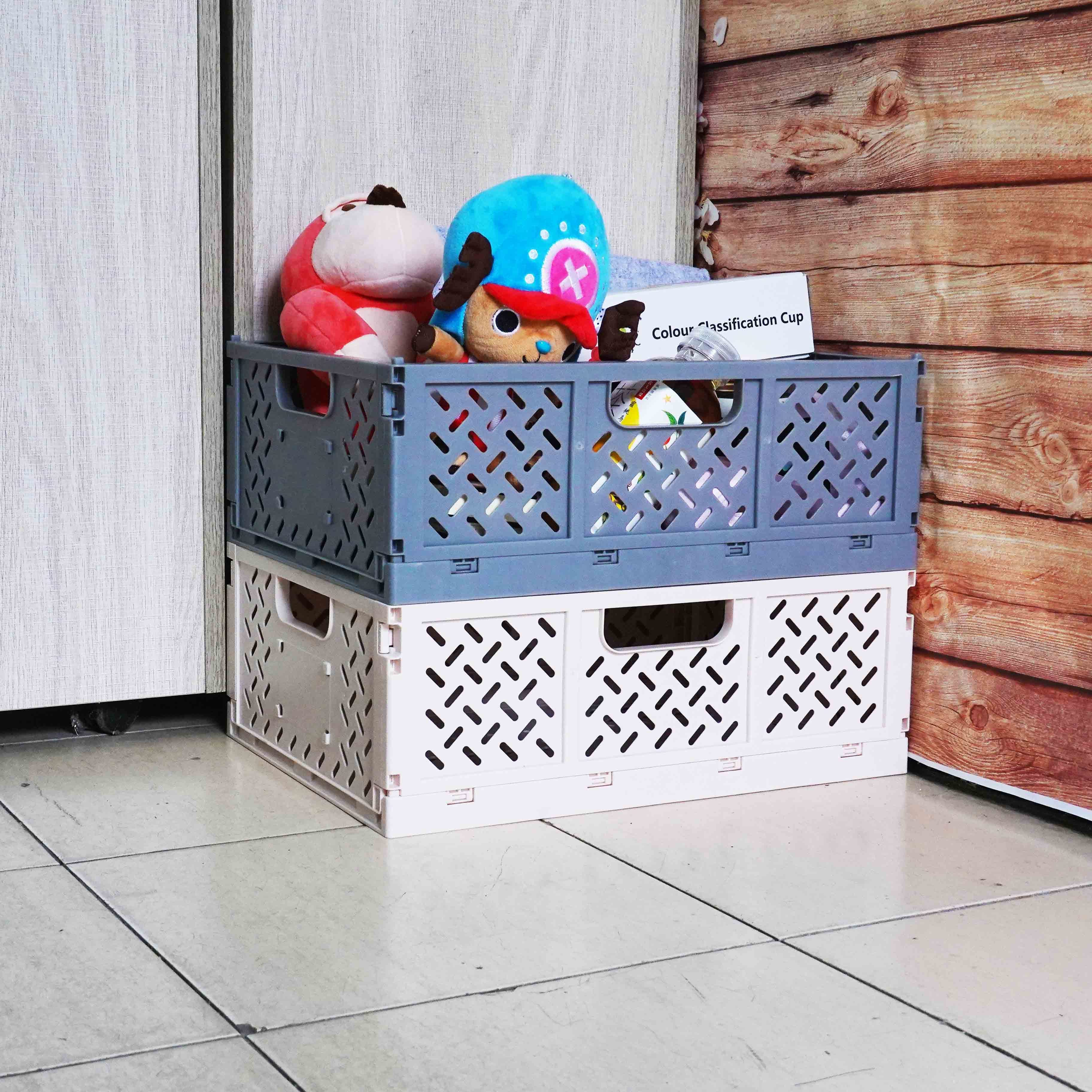 Collapsible Pink Plastic Storage Crates 3 Count Set