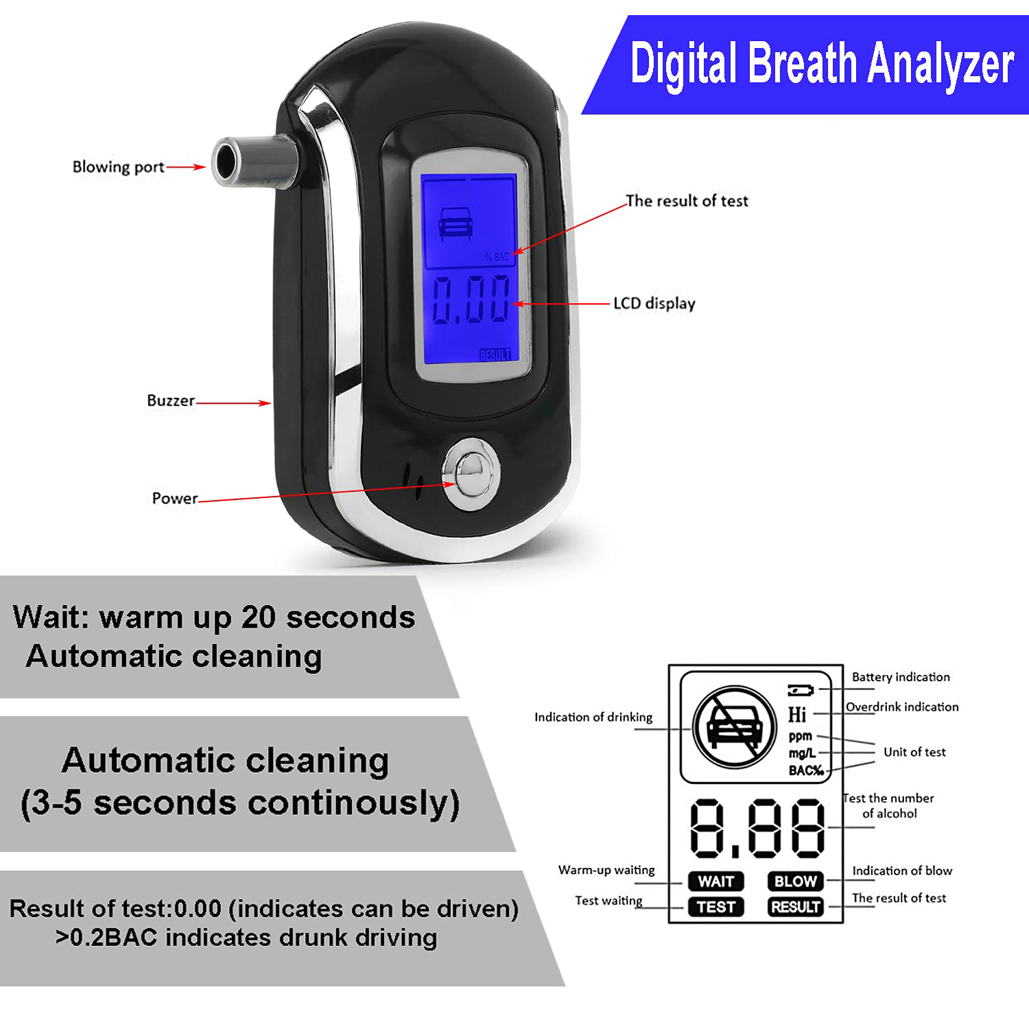 Automatic cleaning digital breath alcohol tester breath analyzer smart AT6000