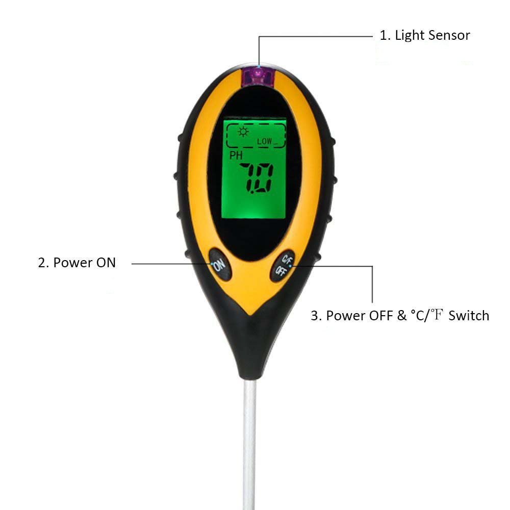 LCD Display Temperature Moisture Sunlight PH Garden Plants Soil Tester Meter