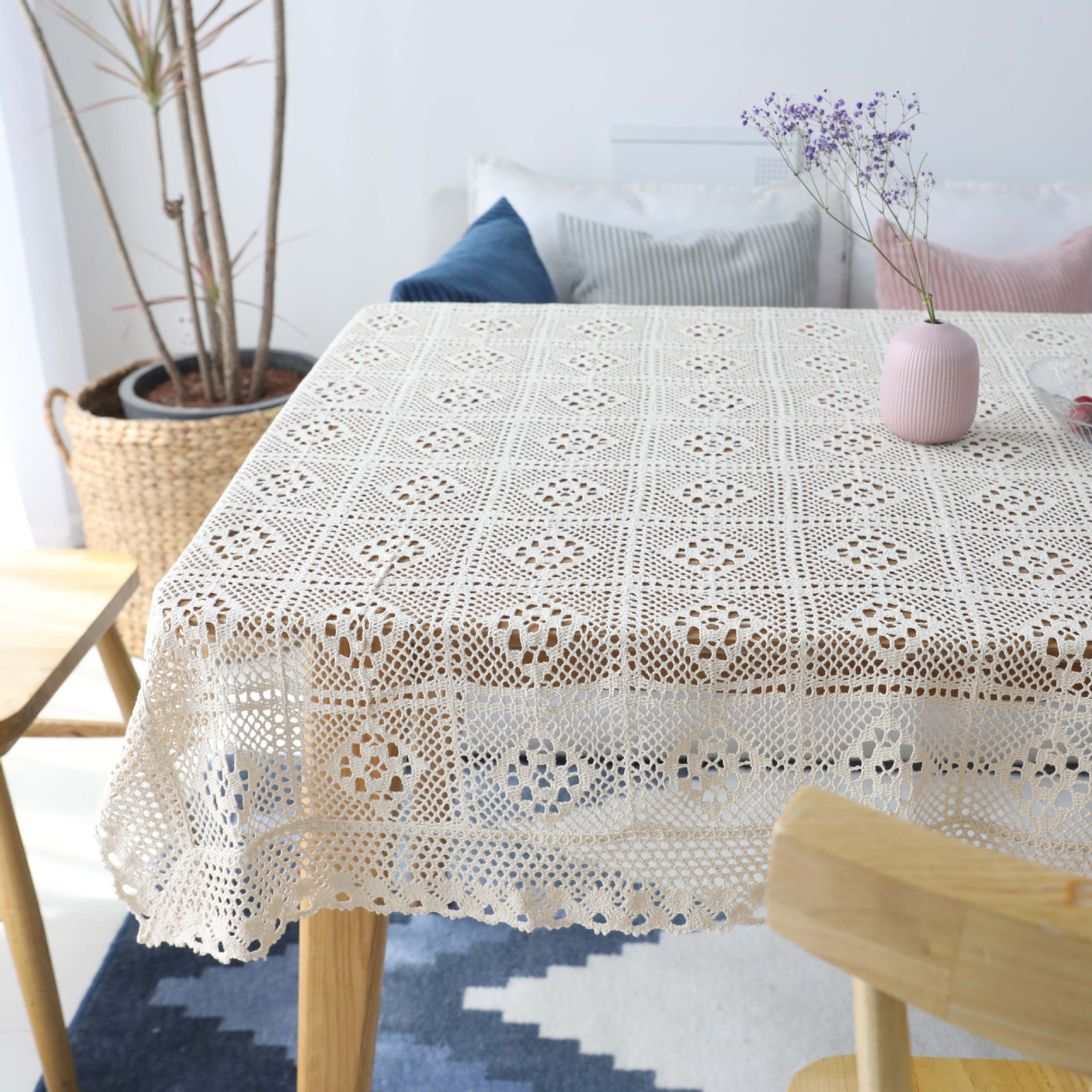 Handmade Decorative Round Macrame Lace Tablecloth Cover Cotton Thread Crochet Diamond Tablecloth