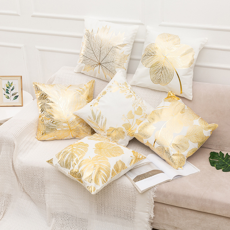 Decorative Throw Pillow Case Gold Stamping Leaves 18 X 18 Inches Cushion Cover For Couch Bedroom