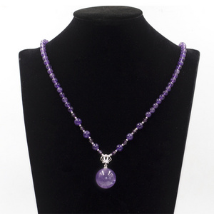 High Quality Natural Amethyst Stone Bead Long Necklace with Silver Crown Charm Pendant