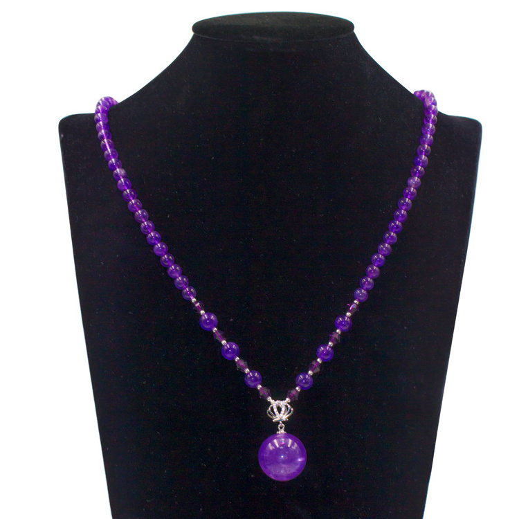 High Quality Natural Amethyst Stone Bead Long Necklace with Silver Crown Charm Pendant