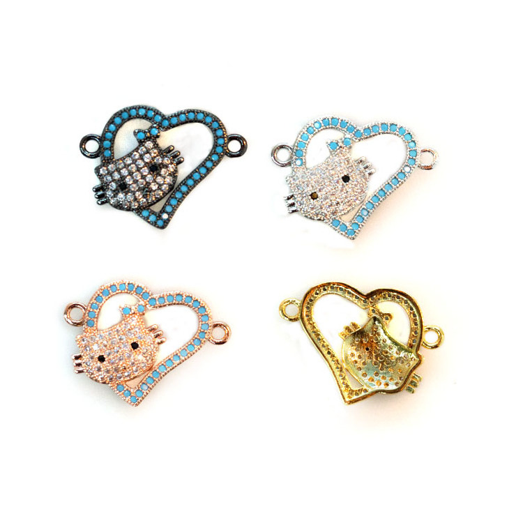 Wholesale micro pave zircon beads hello kitty heart shape brass pendant charms for jewelry making