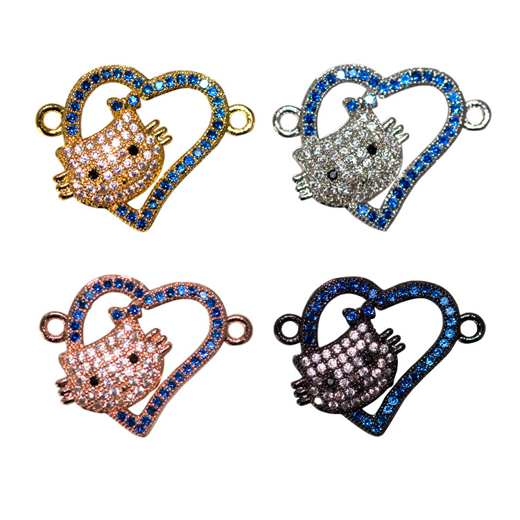 Wholesale micro pave zircon beads hello kitty heart shape brass pendant charms for jewelry making