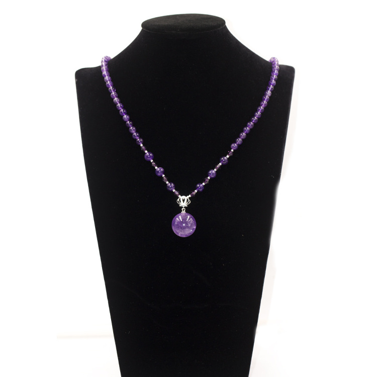 High Quality Natural Amethyst Stone Bead Long Necklace with Silver Crown Charm Pendant