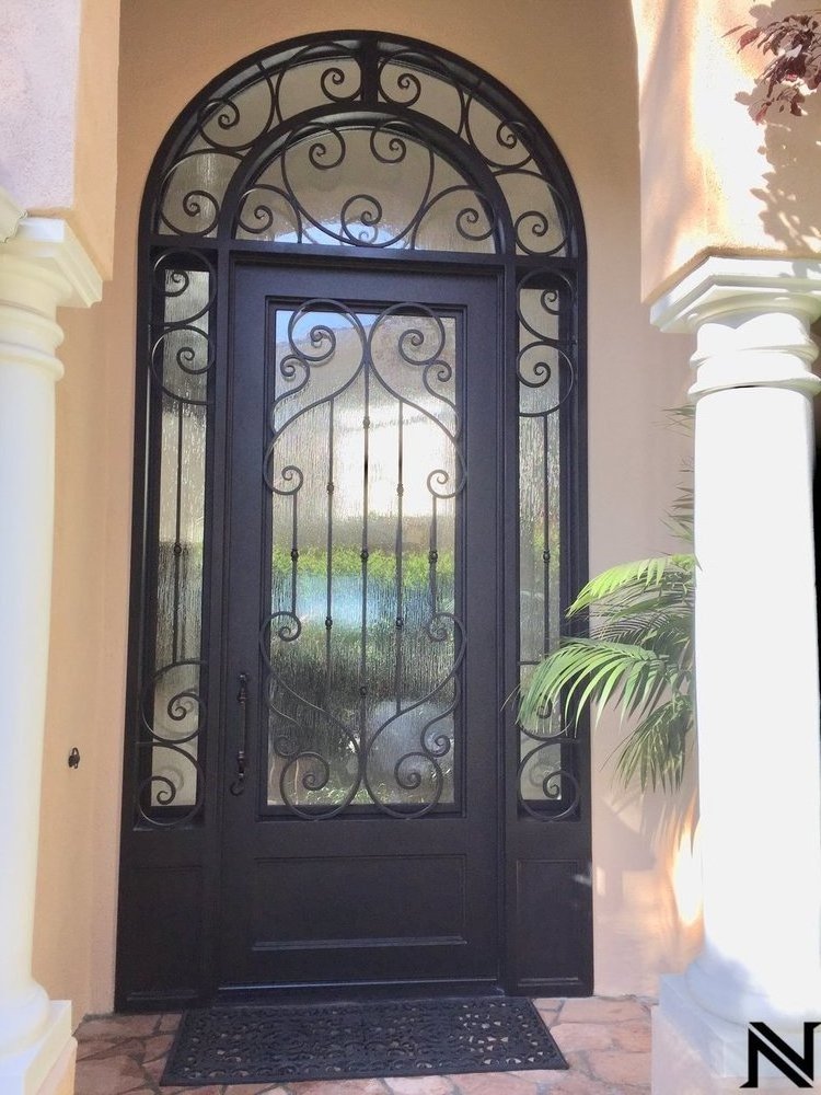 Arch Top Modern Security Wrought Iron Doors Double Exterior Glass Door